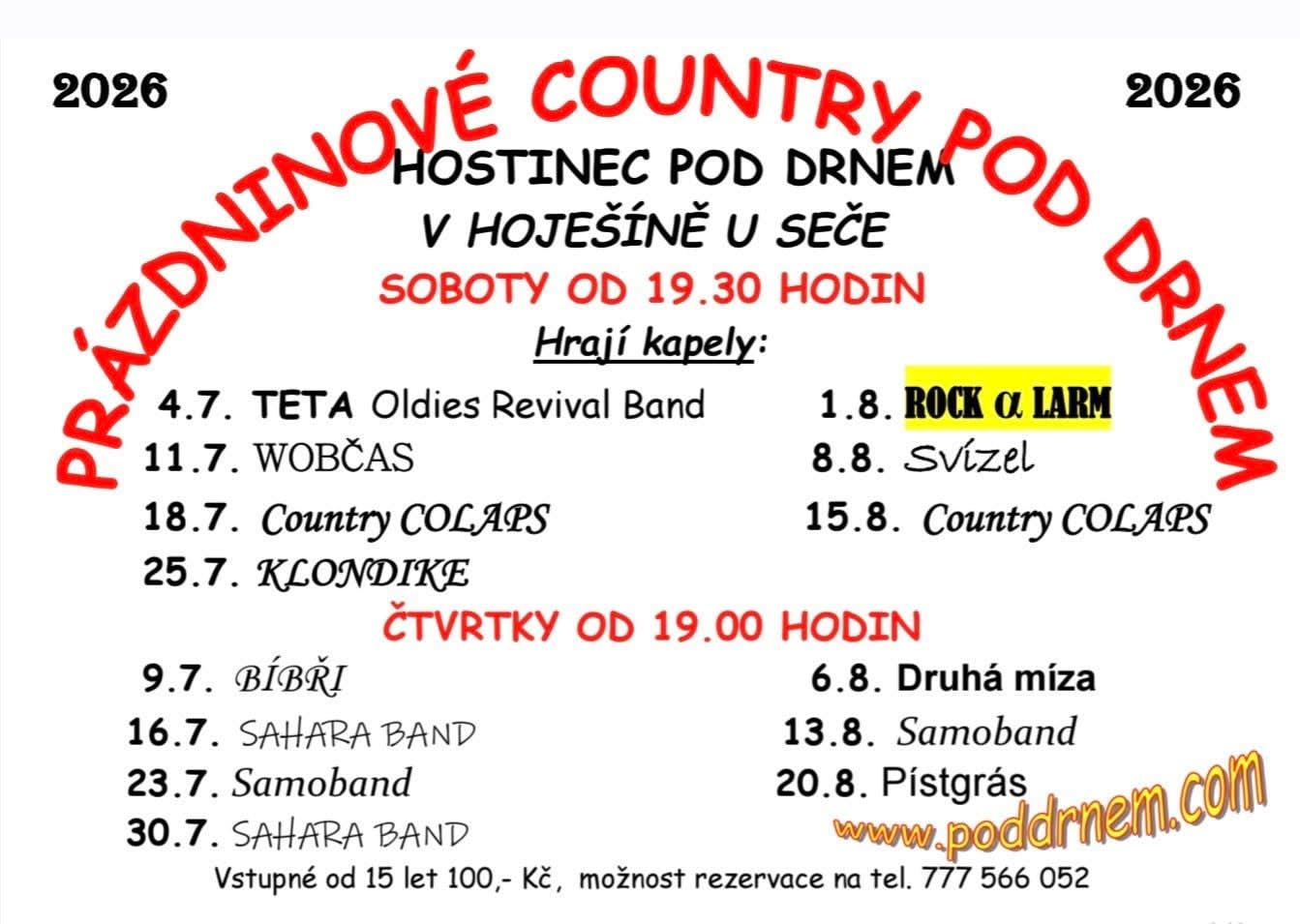 Plakát Prázdninové country pod Drnem 2026 – Hostinec Pod Drnem, Hoješín u Seče